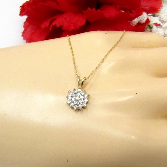 Diamond Cluster Pendant Necklace Solid 10k Yellow Gold Genuine Natural Real - Picture 3 of 6